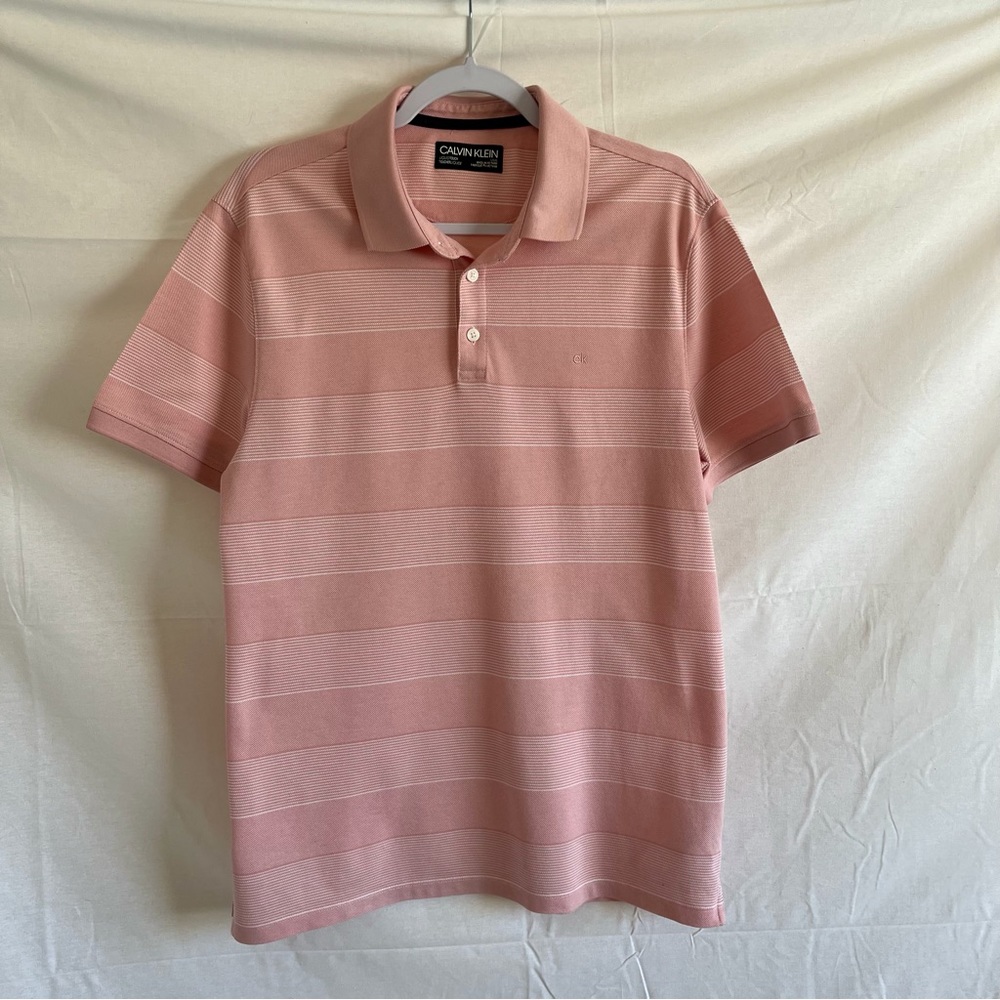 Calvin Klein Liquid Touch Polo Short Sleeve Pink Striped Shirt Size Large